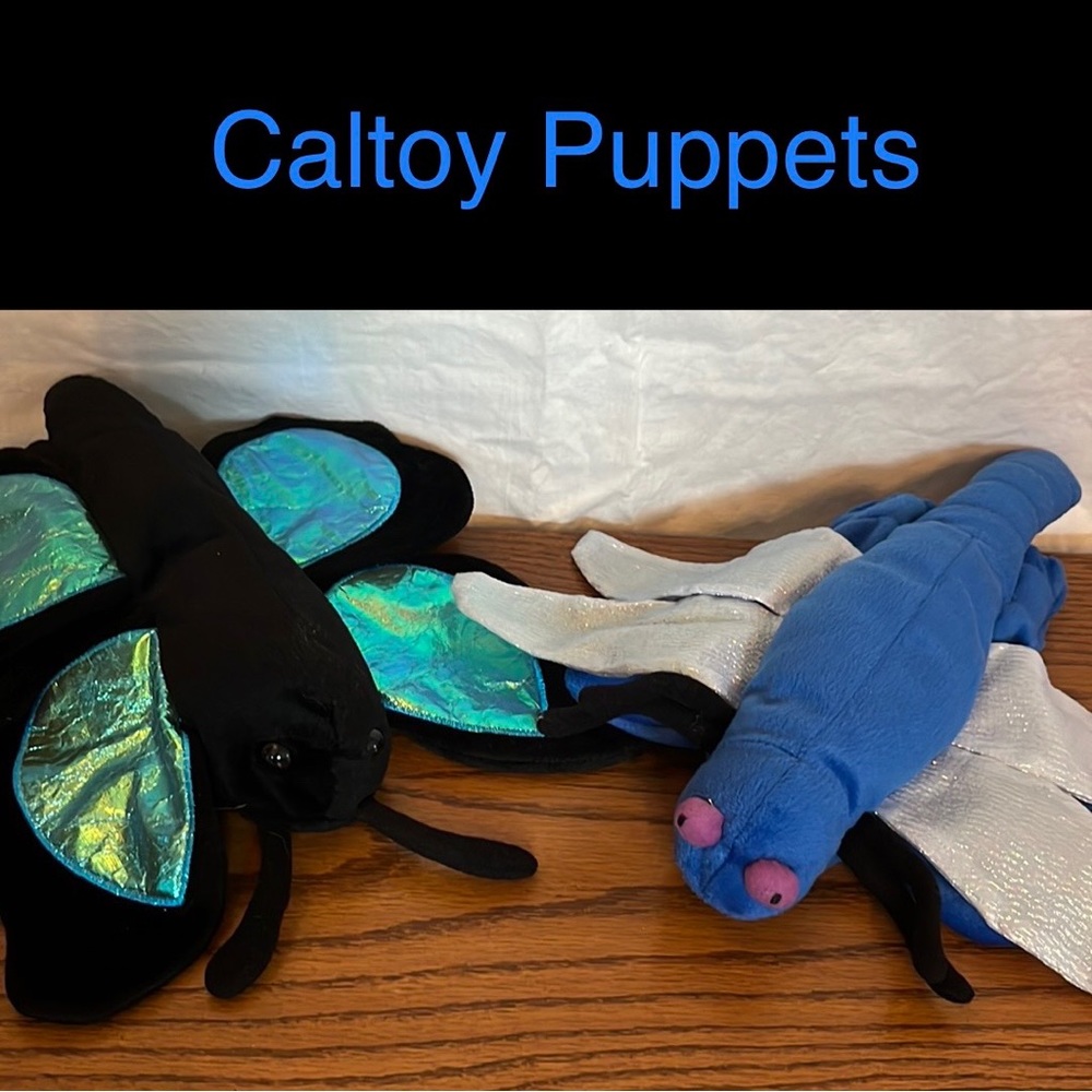 Vintage Caltoy Plush Hand Puppets Lot Black Butterfly Blue Dragonfly Set
